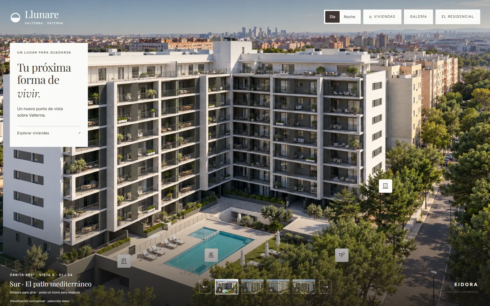 Showroom digital Llunare con vista 360° del edificio